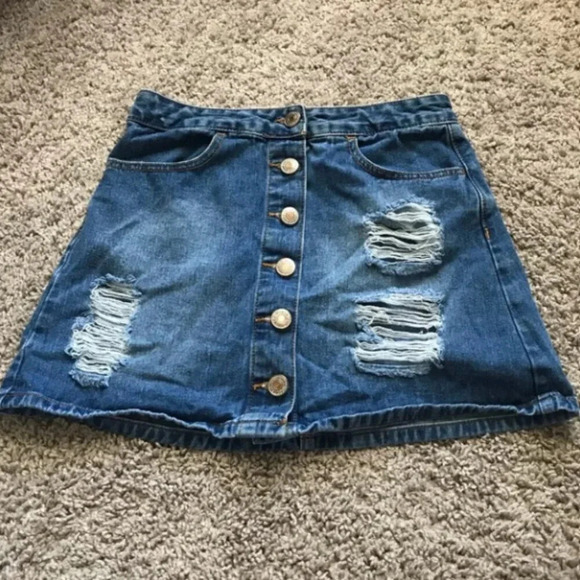 Forever 21 Button Down Distressed Jean Skirt - Picture 1 of 4